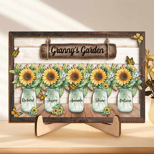 Opsferent A Garden Of Love - Family Personalized Custom 2-Layered Wooden Plaque With Stand - House Warming Gift For Grandma